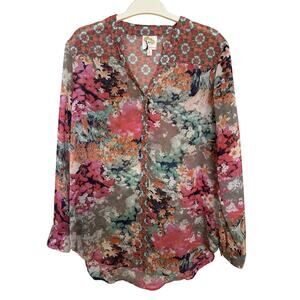 Anthropologie Fig & Flower Sheer Floral Patchwork Button Front Small Boho